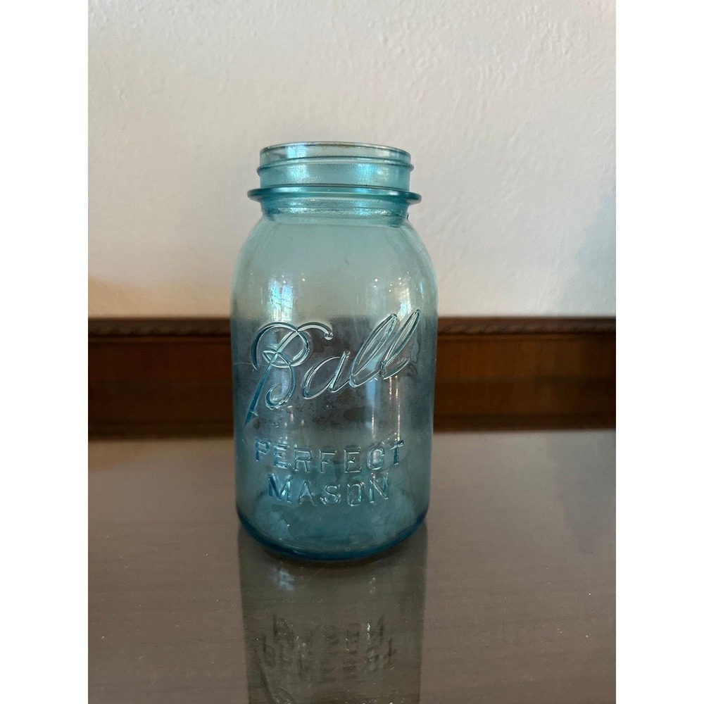 Antique 1923-1933 Ball Perfect Mason Blue Aqua Glass Quart Jar Foggy #6 No Lid